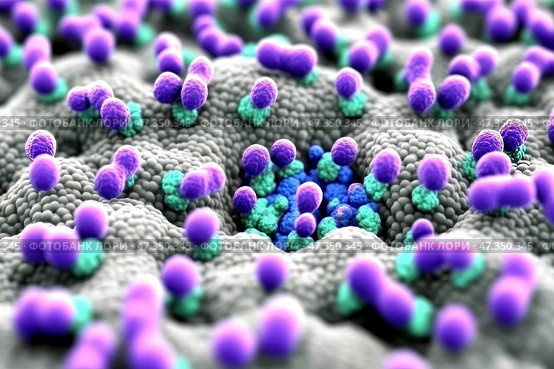 Colorful bacterial colonies growing on lumpy surface. Стоковое AI-изображение, AI-художник Olga Didraga / Фотобанк Лори