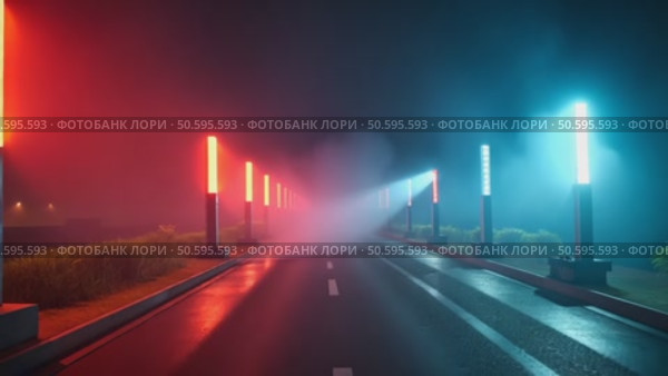 Colorful beaming led lights with white and red glow in darkness. Fog or mist lays on ground for creepy or scary mood. Concept danger or evacuation signs in futuristic movie style. Стоковое AI-видео, аниматор Sergey Grishin / Фотобанк Лори