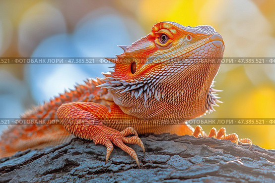 Colorful Bearded Dragon Resting on Tree Branch in Warm Sunlight During Afternoon Hours. Стоковое AI-изображение, AI-художник Юлия Гапеенко / Фотобанк Лори