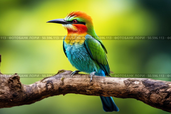 Colorful bee eater bird perching on branch in vibrant nature setting. Стоковое AI-изображение, AI-художник Иван Рябоконь / Фотобанк Лори