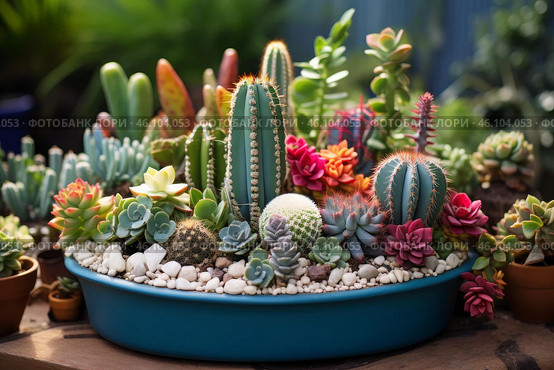 Colorful cacti and succulents growing in a blue pot. Стоковое AI-изображение, AI-художник Иван Рябоконь / Фотобанк Лори