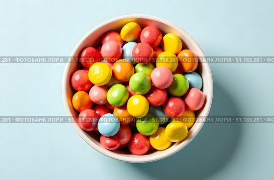 Colorful candy-coated chocolates in white bowl on light blue background. Стоковое AI-изображение, AI-художник Александра Рублева / Фотобанк Лори
