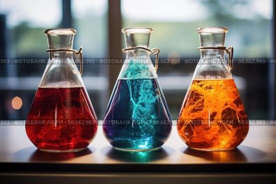 Colorful chemical and biological substances contained in erlenmeyer flasks showing crystallization. Стоковое AI-изображение, AI-художник Иван Рябоконь / Фотобанк Лори