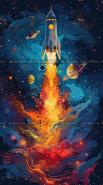 Colorful children drawing of universe, space rocket, Stars and planets. cosmic background, Cosmonautics Day concept. Стоковое AI-изображение, AI-художник Ирина Михайличенко / Фотобанк Лори