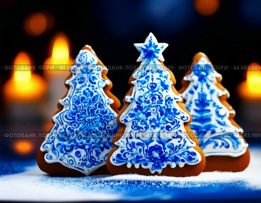 Colorful Christmas gingerbread cookies. Close-up, blurred background with twinkling lights. Стоковое AI-изображение, AI-художник Сергей Елизарьев / Фотобанк Лори