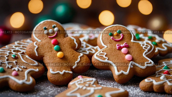 Colorful Christmas gingerbread cookies. Close-up, blurred background with twinkling lights. Стоковое AI-изображение, AI-художник Сергей Елизарьев / Фотобанк Лори