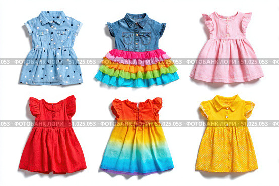 Colorful collection of baby dresses, isolated on a white background. Different styles and colors clothes for baby girls. Rainbow ruffle skirt, denim shirt top, party gown, cotton short-sleeve dresses. Стоковое AI-изображение, AI-художник Марина Демидюк / Фотобанк Лори