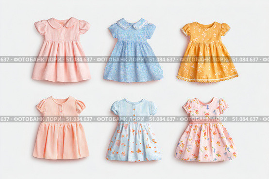 Colorful collection of baby dresses, isolated on a white background. Different styles and colors clothes for baby girls. Rainbow ruffle skirt, denim shirt top, party gown, cotton short-sleeve dresses. Стоковое AI-изображение, AI-художник Марина Демидюк / Фотобанк Лори
