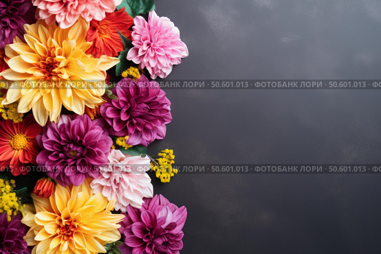 Colorful dahlias and solidago creating a vibrant floral border on dark background. Стоковое AI-изображение, AI-художник Иван Рябоконь / Фотобанк Лори