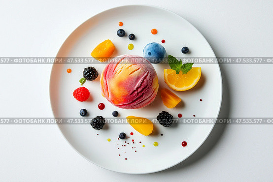 Colorful dessert arrangement featuring fruit and sorbet on a plate. Красочная десертная композиция с фруктами и сорбетом на тарелке. Стоковое AI-изображение, AI-художник Katsiaryna Repich / Фотобанк Лори