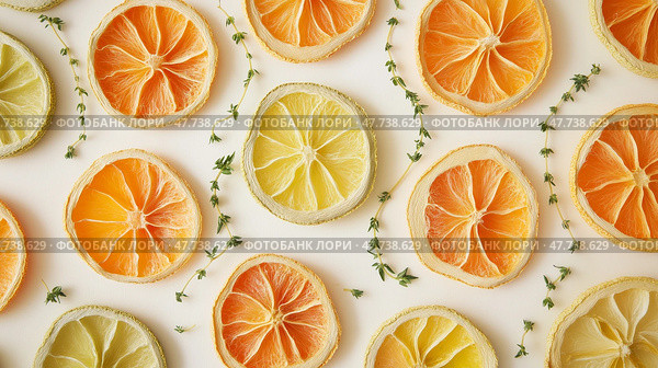 Colorful dried citrus slices decorated with herbs on a light background. Разноцветные сушеные дольки цитрусовых, украшенные зеленью, на светлом фоне. Стоковое AI-изображение, AI-художник Katsiaryna Repich / Фотобанк Лори