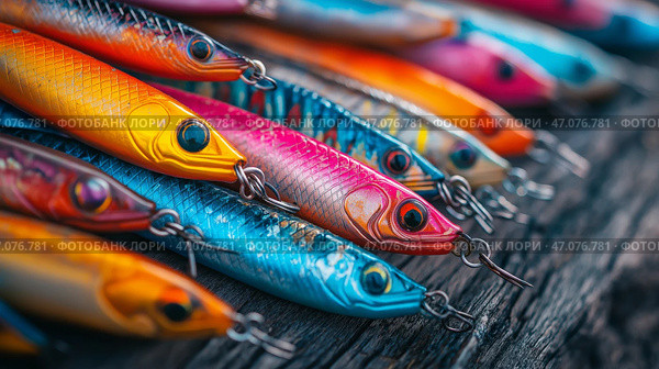 Colorful fishing lures displayed on a wooden surface showcasing vibrant hues and intricate designs. Разноцветные рыболовные приманки, выставленные на деревянной поверхности, демонстрируют яркие оттенки и замысловатые узоры. Стоковое AI-изображение, AI-художник Katsiaryna Repich / Фотобанк Лори