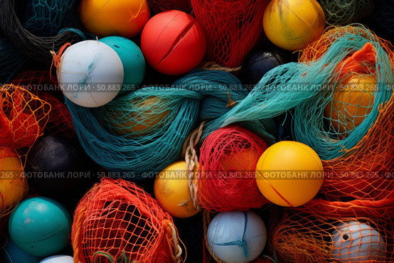 Colorful fishing nets and floats creating a vibrant marine still life. Стоковое AI-изображение, AI-художник Иван Рябоконь / Фотобанк Лори