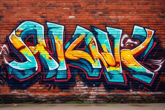 Colorful graffiti art painting urban street art on brick wall. Стоковое AI-изображение, AI-художник Иван Рябоконь / Фотобанк Лори