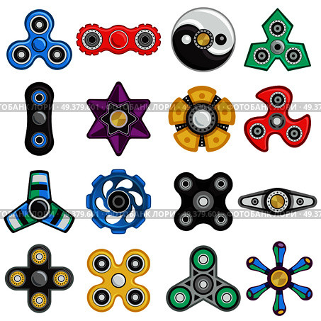 Colorful hand fidget spinners of different shape toys for stress relief set isolated on white background flat vector illustration. Hand Spinner Set. Стоковая иллюстрация, агентство Ingram Publishing / Фотобанк Лори
