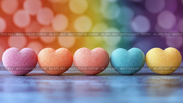 Colorful heart-shaped candies arranged in a row for a festive Valentine's Day celebration. Стоковое AI-изображение, AI-художник Людмила Лесовая / Фотобанк Лори