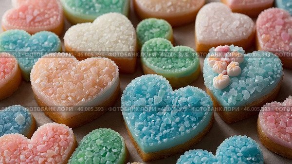 Colorful heart-shaped candies on display featuring pastel shades and granular textures in a vibrant arrangement. Стоковое AI-изображение, AI-художник Сергей Толмачёв / Фотобанк Лори