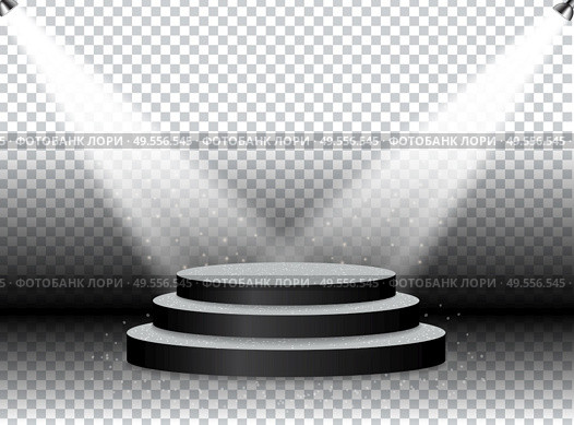 Colorful illuminated podium for awards and performances illuminated by bright spotlights. Vector illustration. EPS10. Colorful illuminated podium for awards and performances illuminated by bright spotlights. Vector illustration. Стоковая иллюстрация, агентство Ingram Publishing / Фотобанк Лори