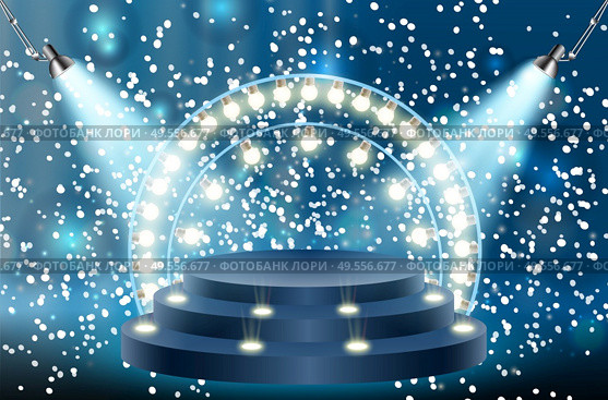 Colorful illuminated podium for awards and performances illuminated by bright spotlights. Vector illustration. EPS10. Colorful illuminated podium for awards and performances illuminated by bright spotlights. Vector illustration. Стоковая иллюстрация, агентство Ingram Publishing / Фотобанк Лори