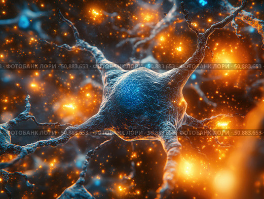 Colorful illustration of neurons showcasing intricate connections in a scientific study context. Стоковое AI-изображение, AI-художник Татьяна  Бральнина / Фотобанк Лори