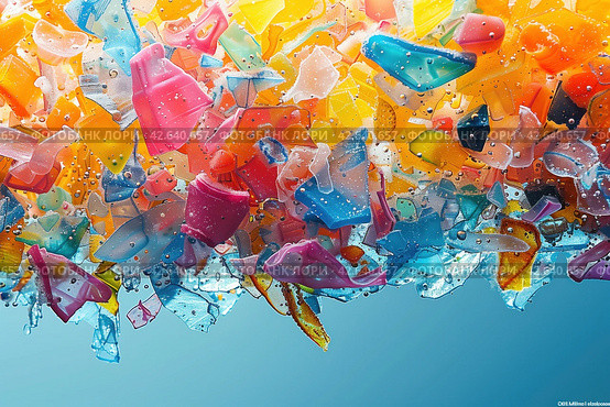 Colorful microplastic particles suspended in water, environmental pollution concept. Стоковое AI-изображение, AI-художник Евгений Харитонов / Фотобанк Лори