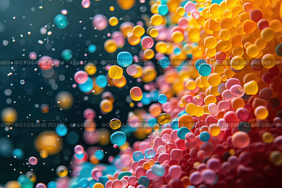 Colorful microscopic particles suspended in water. microplastic pollution concept. Стоковое AI-изображение, AI-художник Евгений Харитонов / Фотобанк Лори