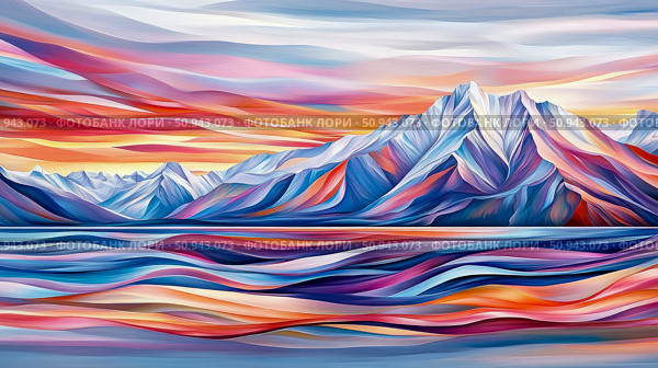 Colorful Mountain Reflection: Abstract brushstroke landscape scene with vibrant mountain range mirroring on a wavy, multicolored lake. Стоковое AI-изображение, AI-художник Данила Большаков / Фотобанк Лори