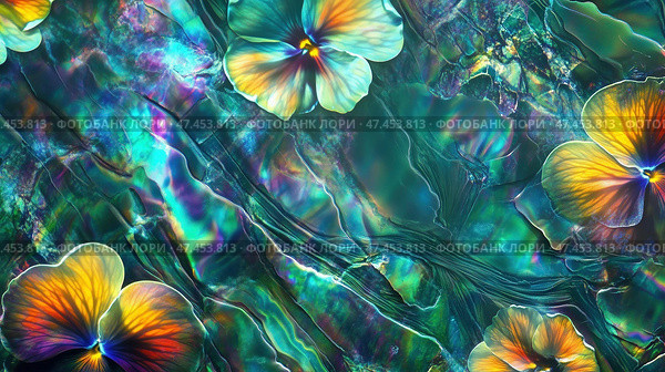 Colorful opal abstract with flowers creating a vibrant holographic background. Стоковое AI-изображение, AI-художник Ксения Лаптева / Фотобанк Лори
