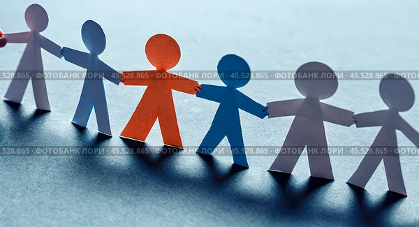 Colorful paper cutout figures holding hands, symbolizing unity, diversity, equality, on blue background, representing community support, collaboration, inclusivity, teamwork, multicultural society. Стоковое AI-изображение, AI-художник Павел Муравьев / Фотобанк Лори