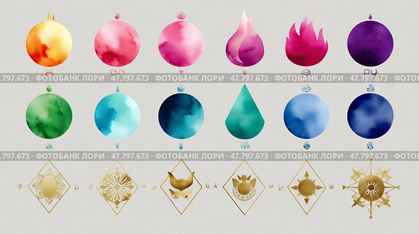 Colorful representation of elemental symbols in a mystical style on a neutral background, showcasing artistic creativity. Стоковое AI-изображение, AI-художник Сергей Толмачёв / Фотобанк Лори