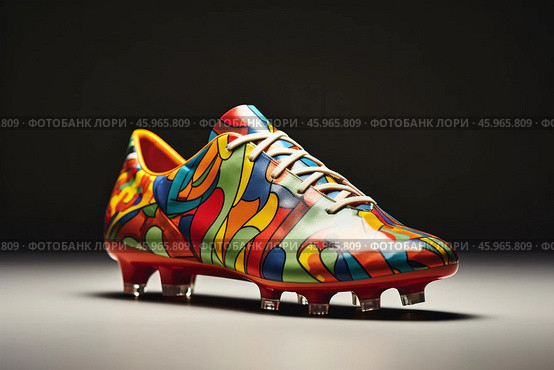Colorful soccer cleat standing on gray surface with dark background. Стоковое AI-изображение, AI-художник Иван Рябоконь / Фотобанк Лори
