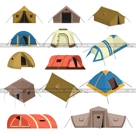 Colorful Tourist Tents Set. Set of colorful tourist tents of various design with canopy windows and rope isolated vector illustration . Стоковая иллюстрация, агентство Ingram Publishing / Фотобанк Лори