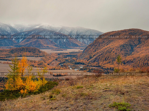 Colorful view to autumn mountain valley with forest and river against mountain range under cloudy sky. Wide mountain valley in mist and large mountains in lush clouds in changeable weather. Стоковое фото, фотограф Саблин Станислав / Фотобанк Лори