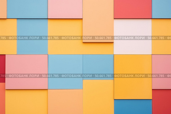 Colorful wall showing modern architectural design with varying shapes and sizes. Стоковое AI-изображение, AI-художник Иван Рябоконь / Фотобанк Лори