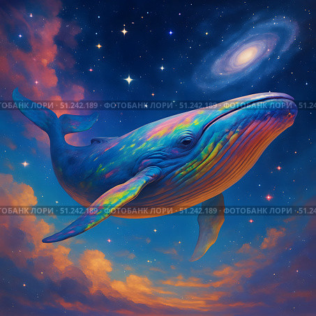 Colorful whale floating through galaxy with stars and nebula clouds in the background. Стоковое AI-изображение, AI-художник Александра Рублева / Фотобанк Лори
