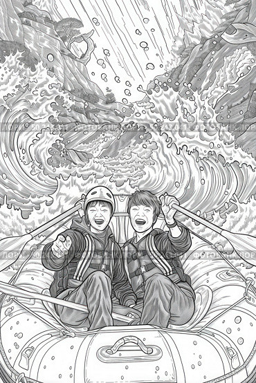Coloring page of two individuals rowing a boat on the water. Стоковое AI-изображение, AI-художник Данила Большаков / Фотобанк Лори