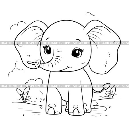Coloring Page Outline Of Cute Cartoon Elephant Vector Illustration. Стоковая иллюстрация, агентство Ingram Publishing / Фотобанк Лори