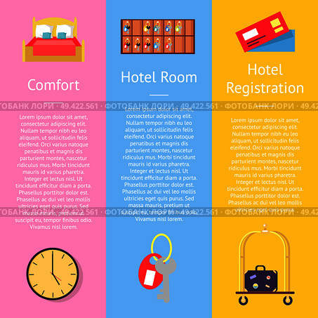 Comfort hotel registration card set of posters. Vector illustration of double bed, key shelf, clock and classic suitcase on luggage cart. Comfort Hotel Registration Card Set of Posters. Стоковая иллюстрация, агентство Ingram Publishing / Фотобанк Лори