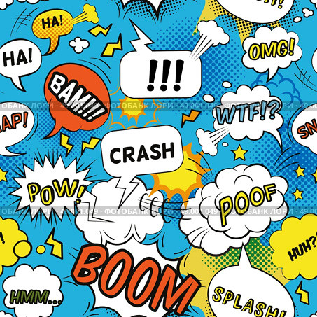 Comic Bubbles Pattern. Comic bubbles pattern with emotional words and sounds flat seamless vector illustration . Стоковая иллюстрация, агентство Ingram Publishing / Фотобанк Лори