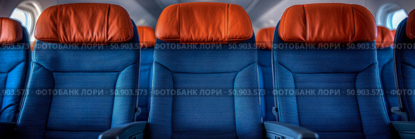 Commercial Aircraft Seating Arrangement: Comfortable Blue Seat Upholstery with Orange Leather Headrest. Стоковое AI-изображение, AI-художник Данила Большаков / Фотобанк Лори