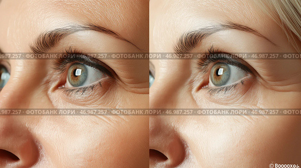 Comparison of skin texture before and after treatment for aging. Вид лица женщины крупным планом, на котором видны различия в текстуре и гладкости кожи после косметических процедур. Слева кожа выглядит постаревшей, с мелкими морщинками, а справа - улучшилась. Стоковое AI-изображение, AI-художник Katsiaryna Repich / Фотобанк Лори