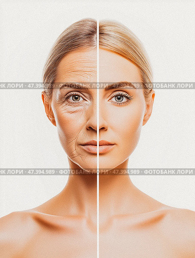 Comparison of the female face, aging and youth, The effect of cosmetology on the skin of the face. Стоковое AI-изображение, AI-художник Ирина Ручушкина / Фотобанк Лори