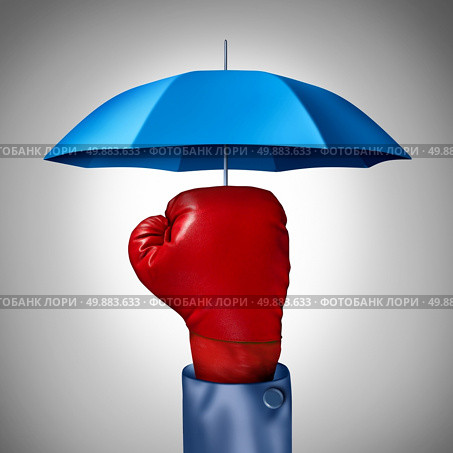 Competition protection business concept with a red boxing glove from a businessman with a blue umbrella symbol protecting as a defense and buffer safeguard for risk and financial uncertainty. Стоковое фото, агентство Ingram Publishing / Фотобанк Лори