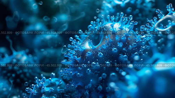 Complex representations of viruses and spike proteins are showcased amid abstract blue cellular structures, emphasizing microscopic details and intricate patterns on a cellular level. Стоковое AI-изображение, AI-художник Sergey Grishin / Фотобанк Лори