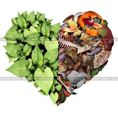 Compost love and composting or composted soil cycle as a composting pile of rotting kitchen scraps with fruits and vegetable garbage waste turning into organic fertilizer for plant growth shaped into a heart. Стоковое фото, агентство Ingram Publishing / Фотобанк Лори