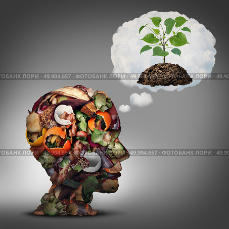 Compost plan and composting planning as a pile of rotting fruits egg shells and vegetable food scraps shaped as a human head dreaming of soil with a sapling growing. Стоковое фото, агентство Ingram Publishing / Фотобанк Лори