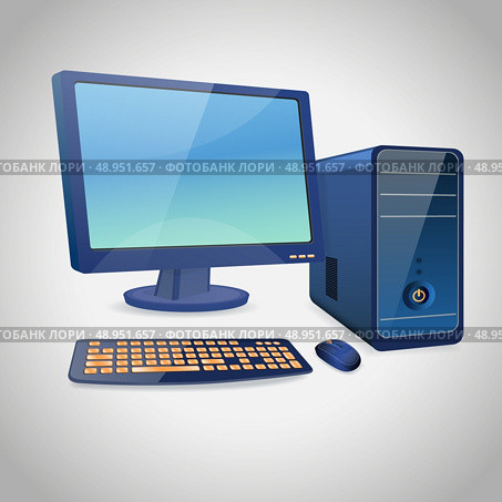 Computer and peripheral accessories blue set of monitor case keyboard and mouse isolated vector illustration. Стоковая иллюстрация, агентство Ingram Publishing / Фотобанк Лори
