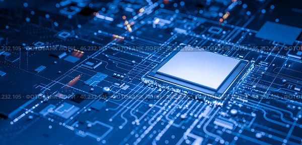 Computer chip mockup on blue circuit board with electronic components, microprocessor, technology background, close-up, high-tech integrated circuits, digital, futuristic, ai hardware. Стоковое фото, фотограф Павел Муравьев / Фотобанк Лори