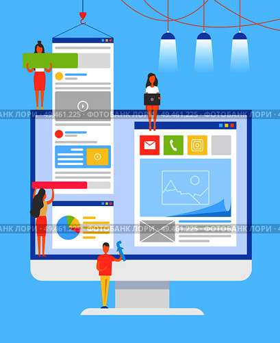Computer monitor and people working on creating new pages in internet, posting information, modifying feeds, web service support vector illustration. Computer Monitor and People Vector Illustration. Стоковая иллюстрация, агентство Ingram Publishing / Фотобанк Лори