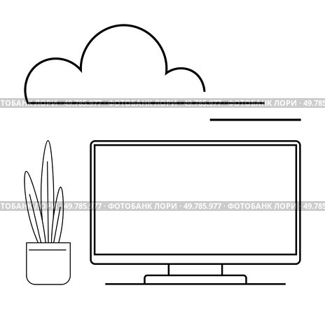 Computer monitor with potted plant beside, overlaid cloud icon, implying cloud connectivity and modern workspace. Ideal for tech, office, remote work, software, productivity, cloud computing digital. Modern Workspace Setup with Computer Monitor, Potted Plant, and Cloud Technology. Стоковая иллюстрация, агентство Ingram Publishing / Фотобанк Лори